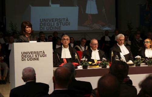 L'assessore regionale all'Università, Ricerca, Formazione, Istruzione, Lavoro e Famiglia, Alessia Rosolen, interviene all'inaugurazione del 41mo anno accademico dell'Università degli studi di Udine.